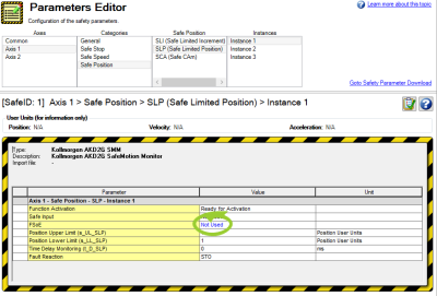 Parameters Editor with FSoE options circled